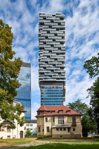 DEU, Germany, Frankfurt, Senckenberg quarter, highrise building one forty west with hotel, restauurant and apartments, Senckenberg tower and another office building, architecture by Cyrus Moser Architects 2021